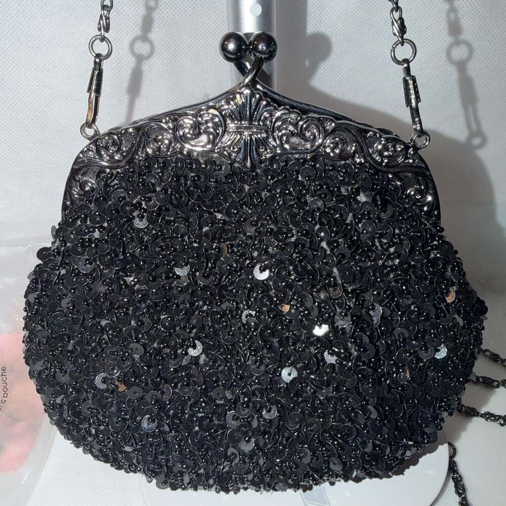 Women Black Evening Clutches Fully Sequined Mesh Beaded Antique